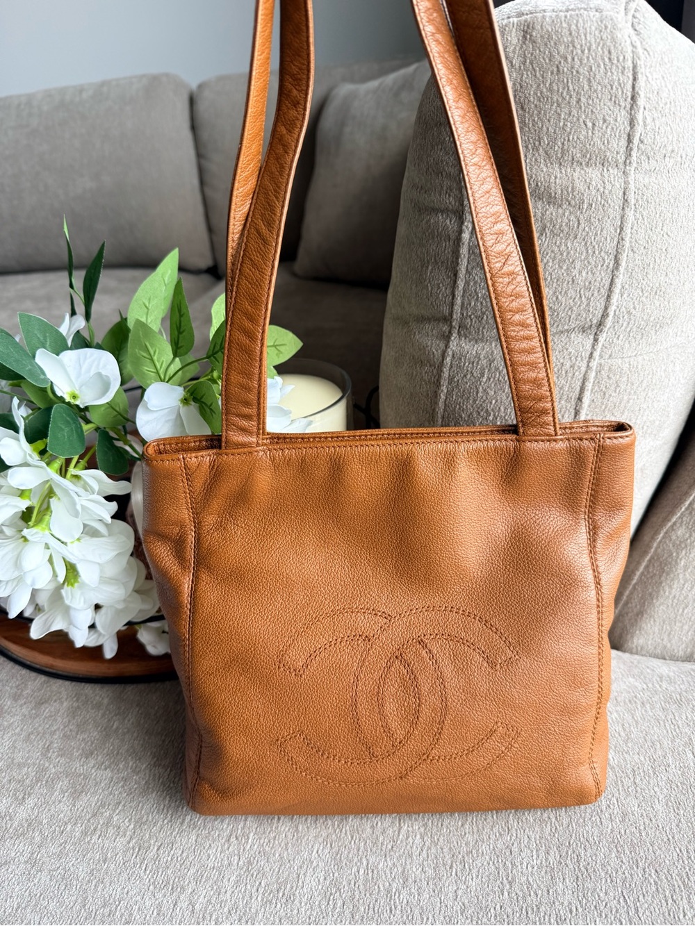 Chanel Caviar Brown Leather Small Tote Shoulder Bag with COA